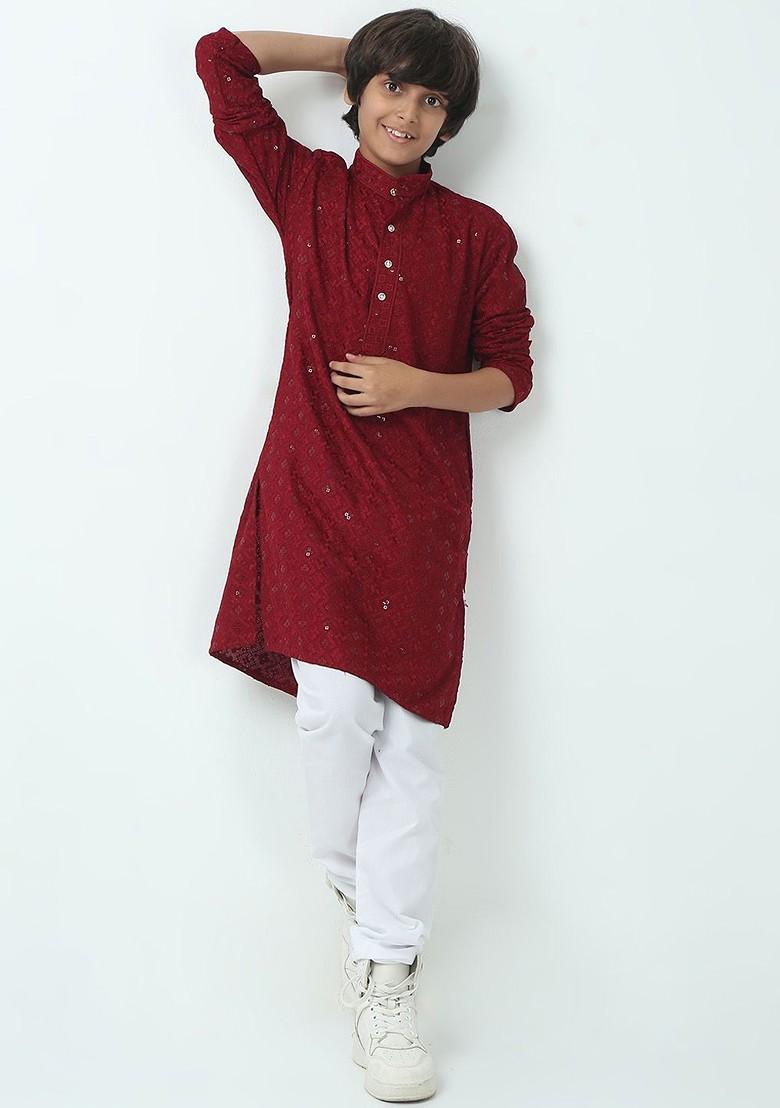 Red Embroidered Blended Kurta Set For Boys - Indya