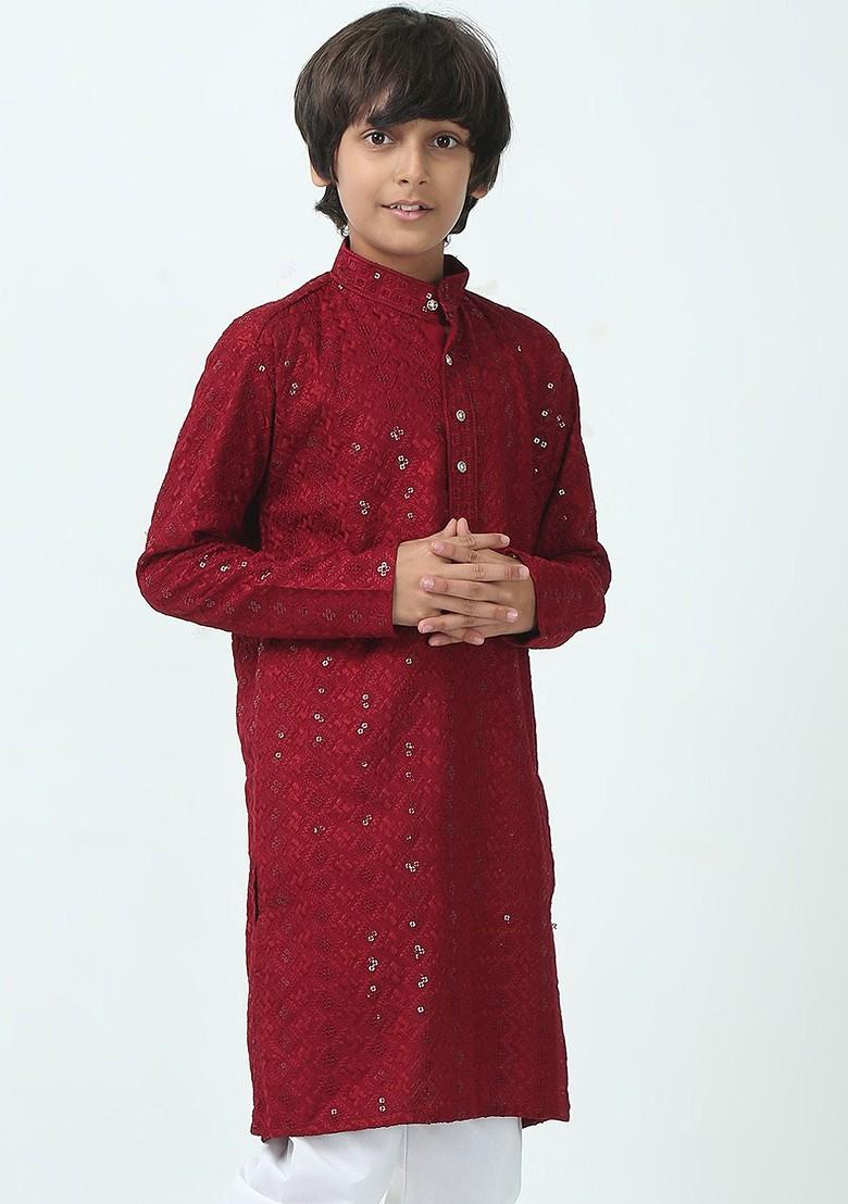 Red Embroidered Blended Kurta Set For Boys - Indya