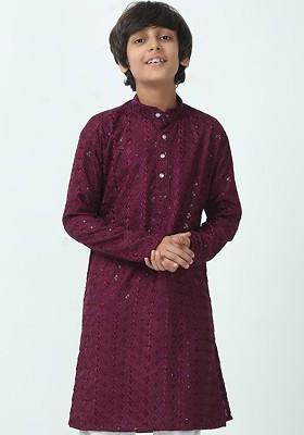 Purple Embroidered Blended Kurta Set For Boys