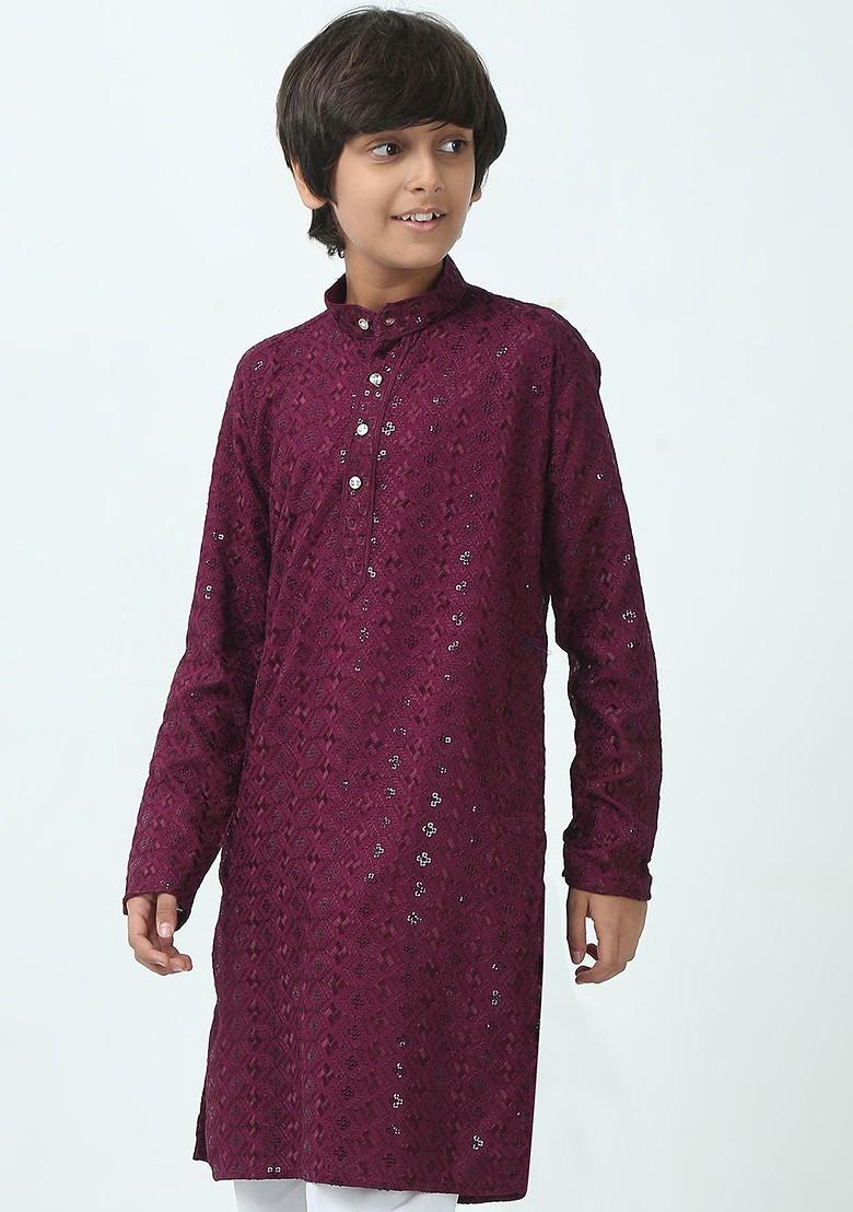 Purple Embroidered Blended Kurta Set For Boys - Indya