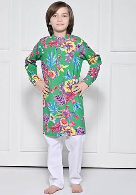 Green Printed Cotton Kurta Set For Boys