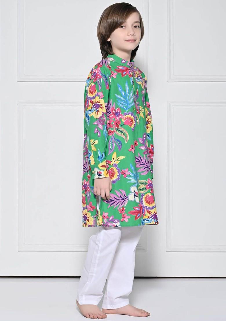 Green Printed Cotton Kurta Set For Boys - Indya