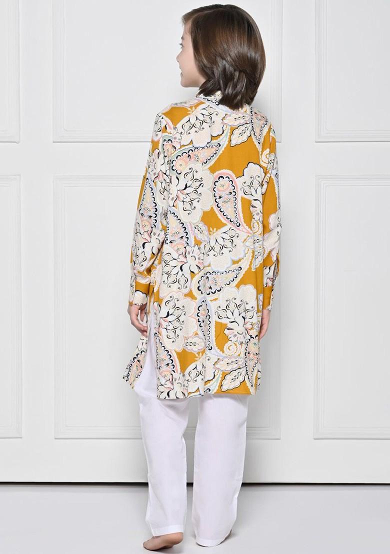 Yellow Printed Cotton Kurta Set For Boys - Indya