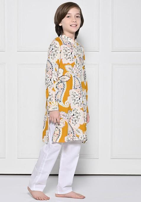 Yellow Printed Cotton Kurta Set For Boys