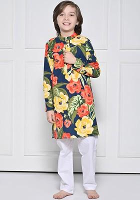 Blue Printed Blended Kurta Set For Boys