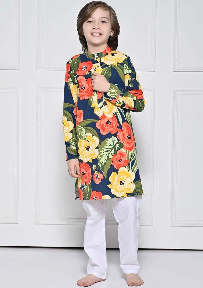 Blue Printed Blended Kurta Set For Boys - Indya