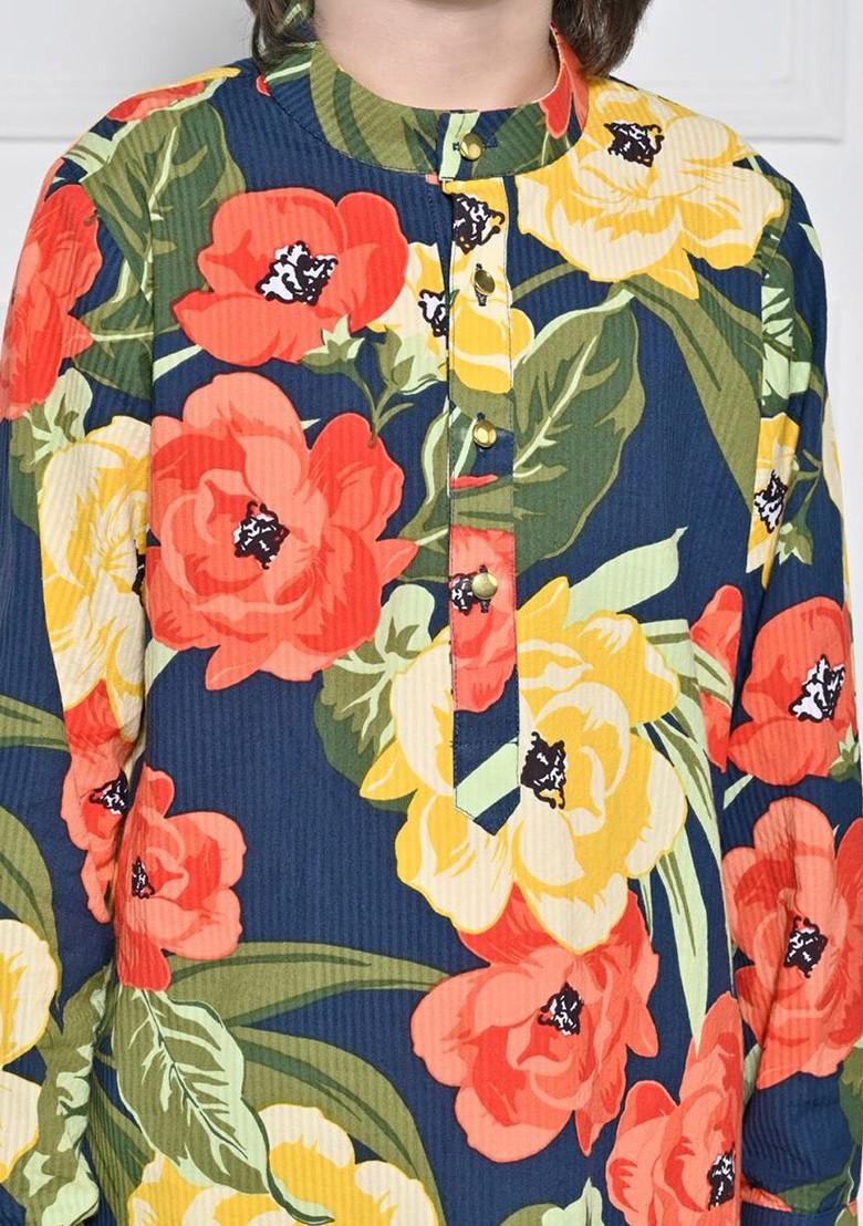 Blue Printed Blended Kurta Set For Boys - Indya