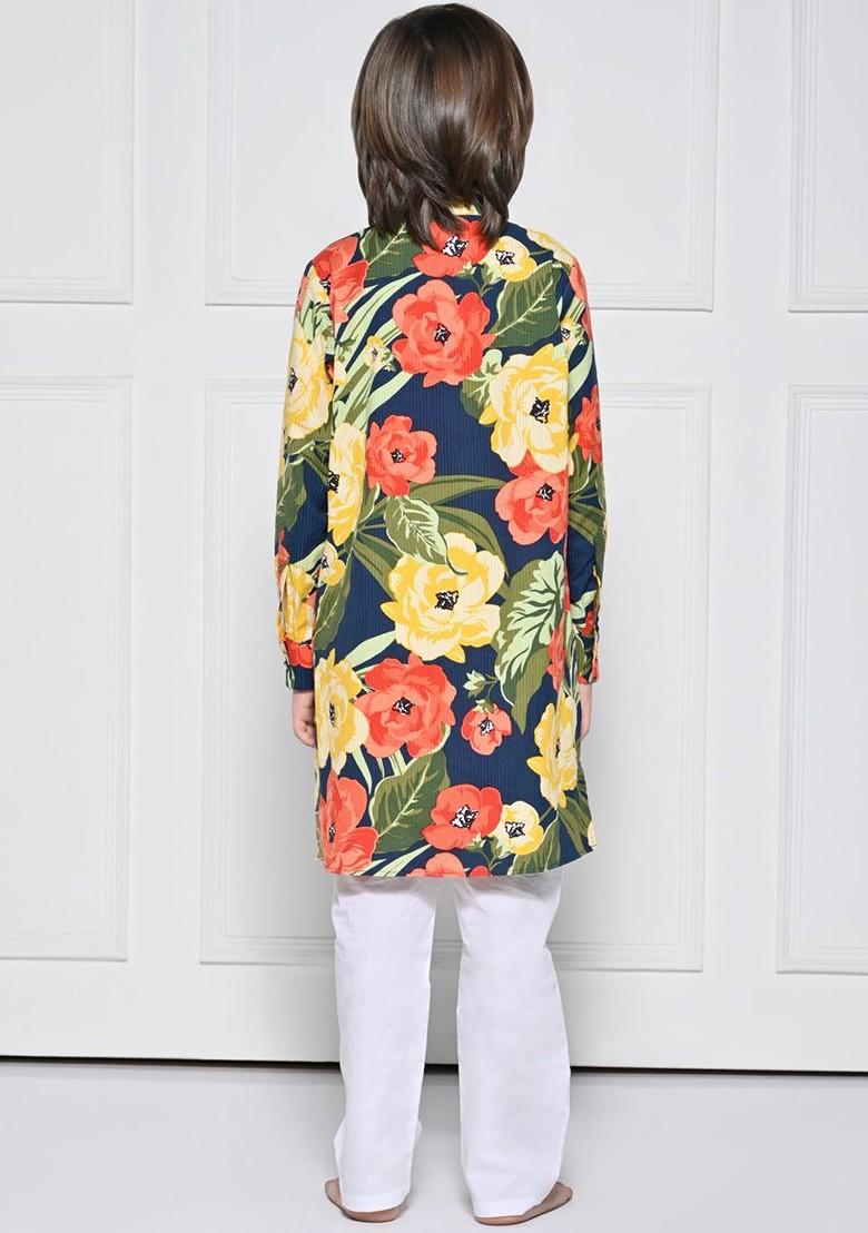 Blue Printed Blended Kurta Set For Boys - Indya