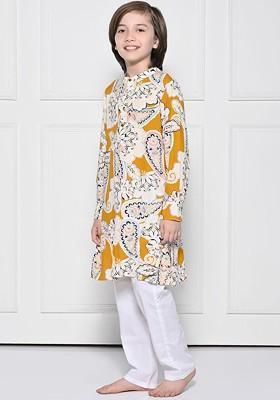 Yellow Printed Cotton Kurta Set For Boys