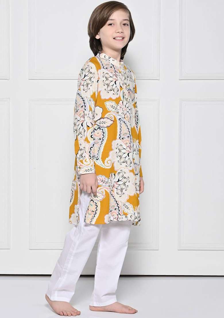 Yellow Printed Cotton Kurta Set For Boys - Indya