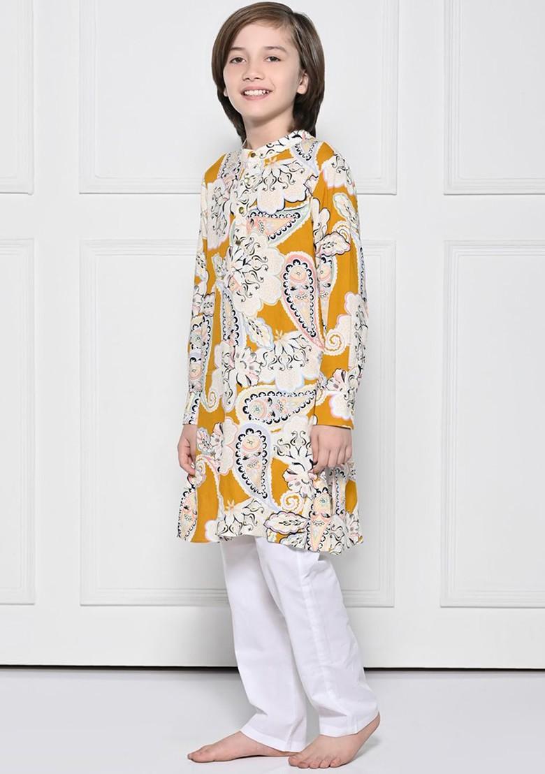 Yellow Printed Cotton Kurta Set For Boys - Indya