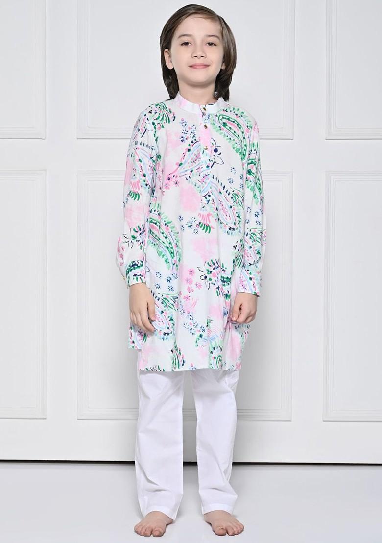 White Embroidered Blended Kurta Set For Boys - Indya