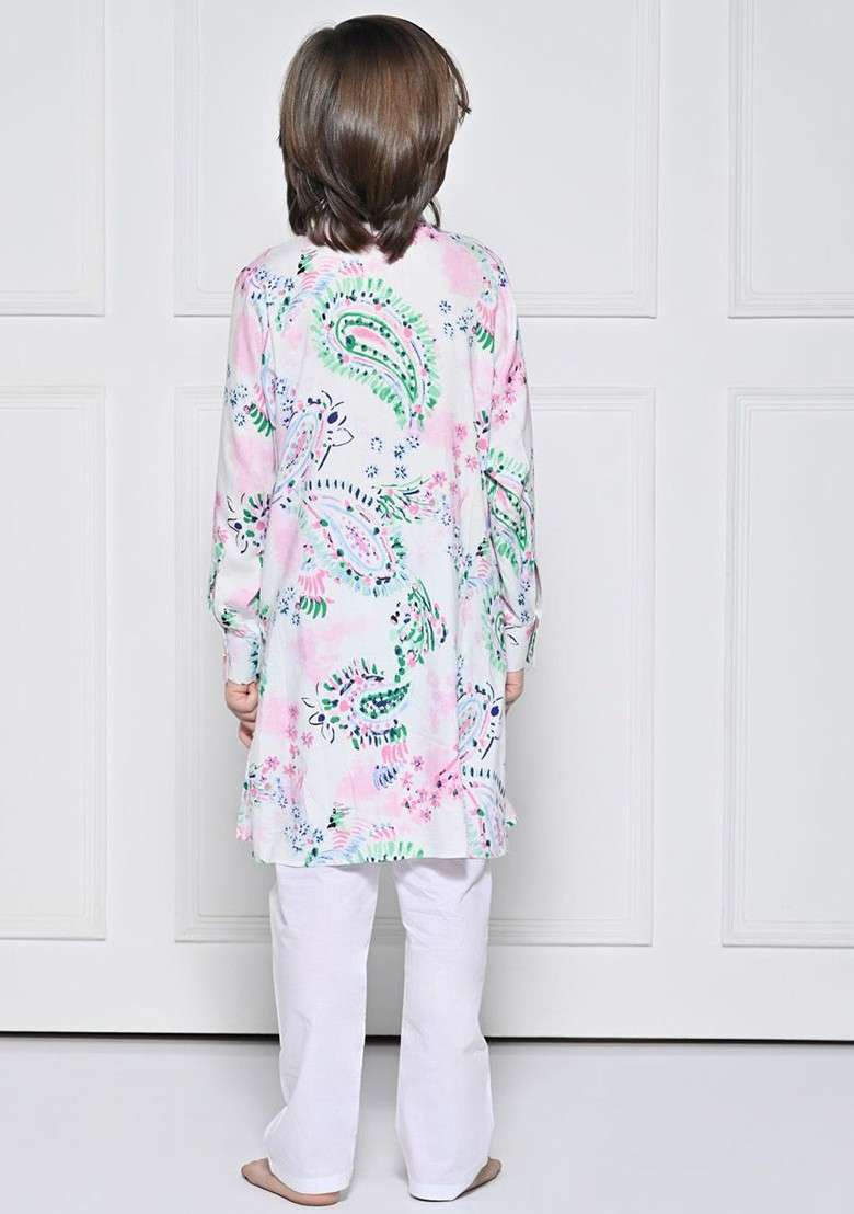 White Embroidered Blended Kurta Set For Boys - Indya