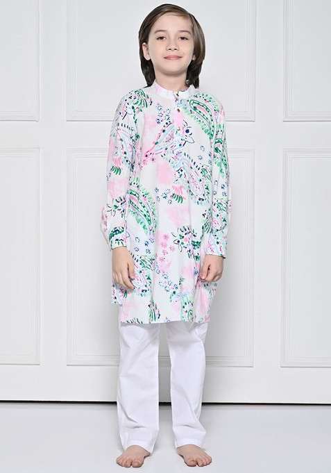 White Embroidered Blended Kurta Set For Boys