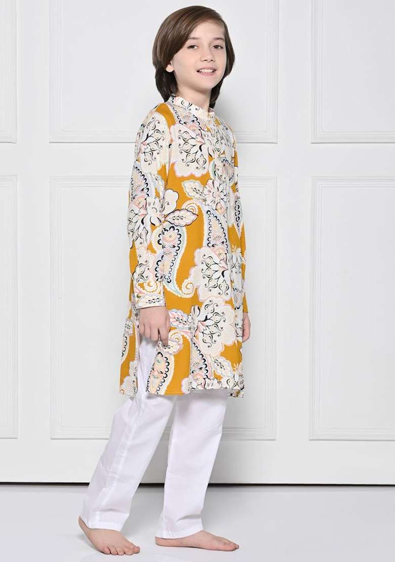 Yellow Printed Cotton Kurta Set For Boys - Indya