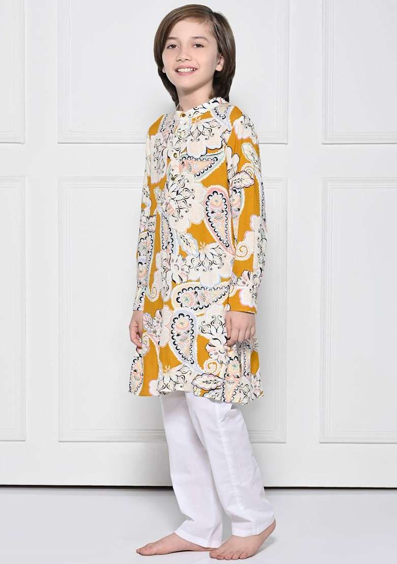 Yellow Printed Cotton Kurta Set For Boys - Indya