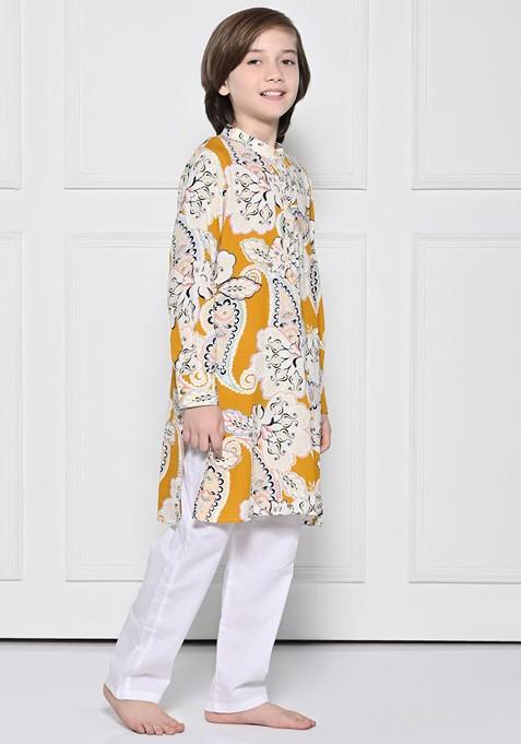 Yellow Printed Cotton Kurta Set For Boys