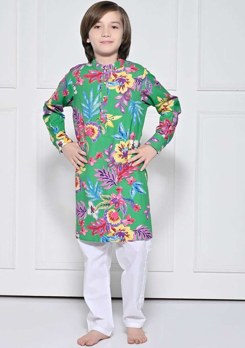Green Printed Cotton Kurta Set For Boys - Indya