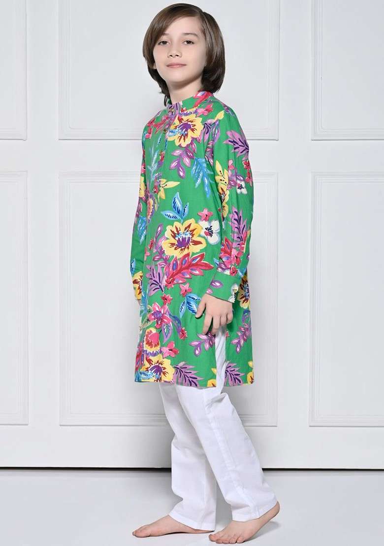 Green Printed Cotton Kurta Set For Boys - Indya