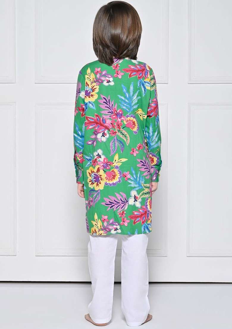 Green Printed Cotton Kurta Set For Boys - Indya