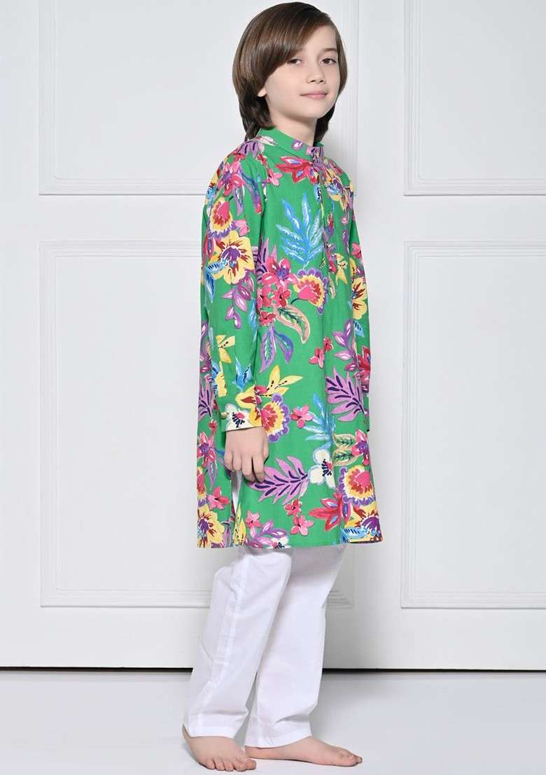 Green Printed Cotton Kurta Set For Boys - Indya