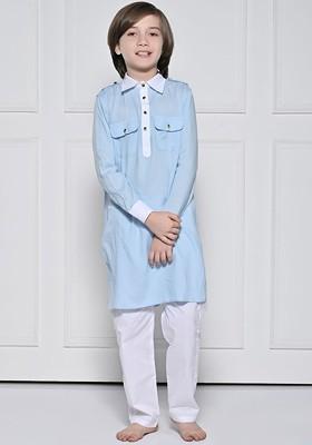 Blue Embroidered Blended Kurta Set For Boys