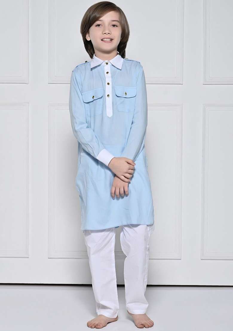 Blue Embroidered Blended Kurta Set For Boys - Indya