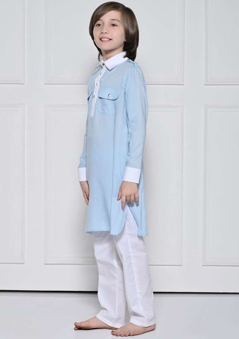 Blue Embroidered Blended Kurta Set For Boys - Indya