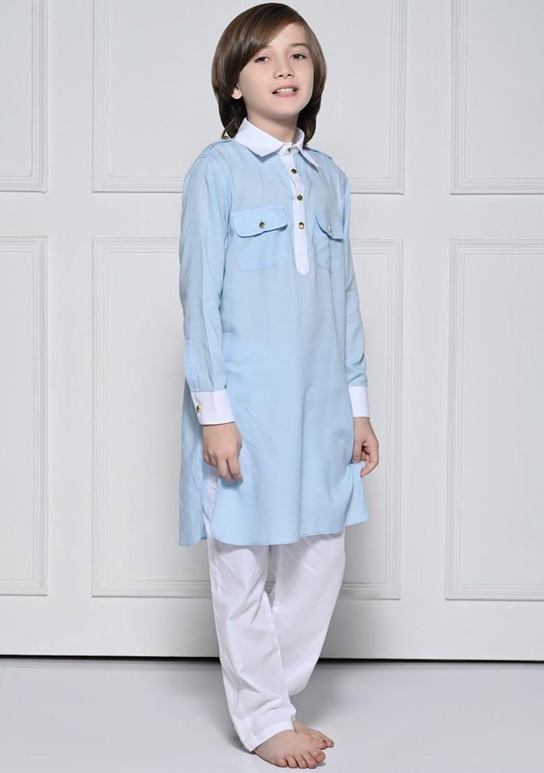 Blue Embroidered Blended Kurta Set For Boys - Indya