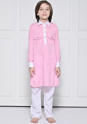 Pink Embroidered Blended Kurta Set For Boys