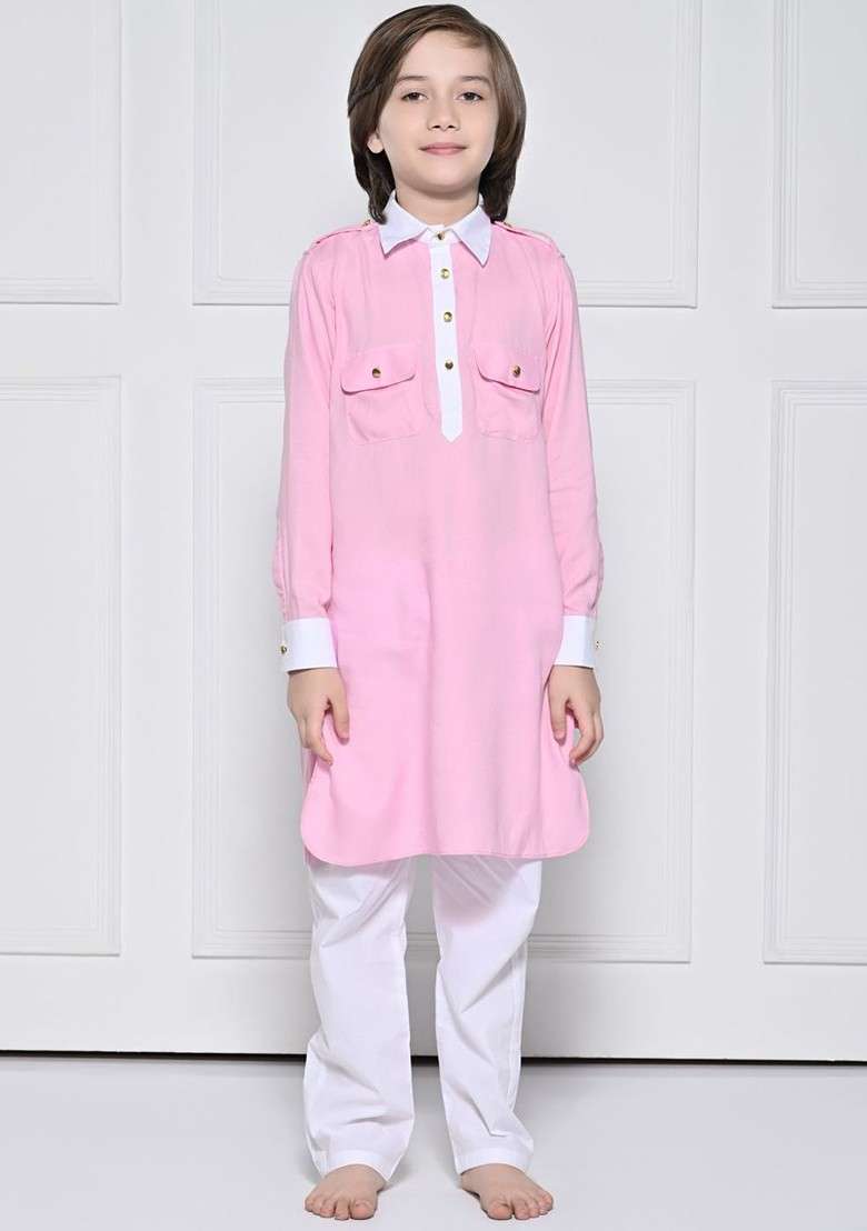 Pink Embroidered Blended Kurta Set For Boys - Indya