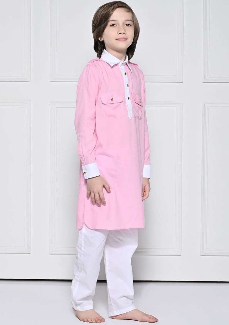 Pink Embroidered Blended Kurta Set For Boys - Indya
