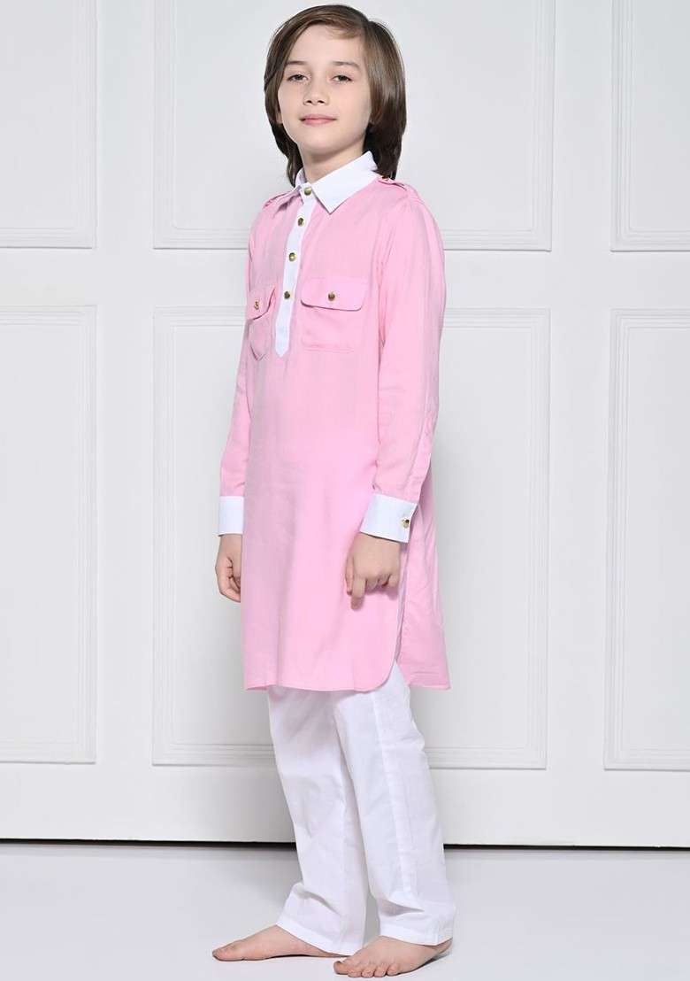 Pink Embroidered Blended Kurta Set For Boys - Indya