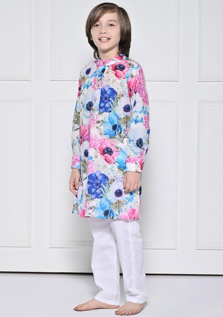 White Printed Cotton Kurta Set For Boys - Indya