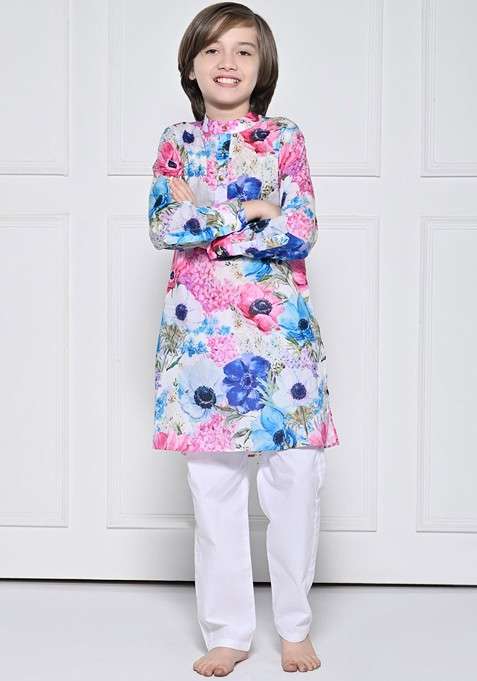 White Printed Cotton Kurta Set For Boys