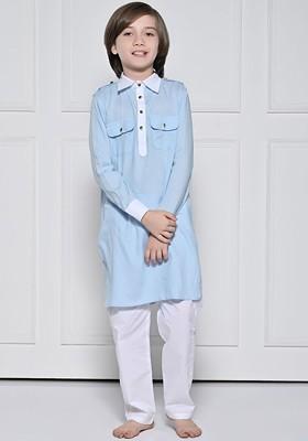 Blue Embroidered Blended Kurta Set For Boys
