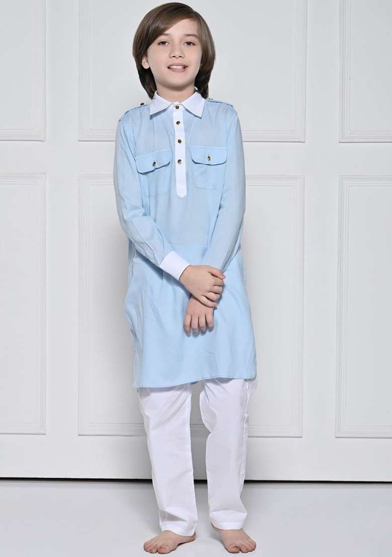 Blue Embroidered Blended Kurta Set For Boys - Indya