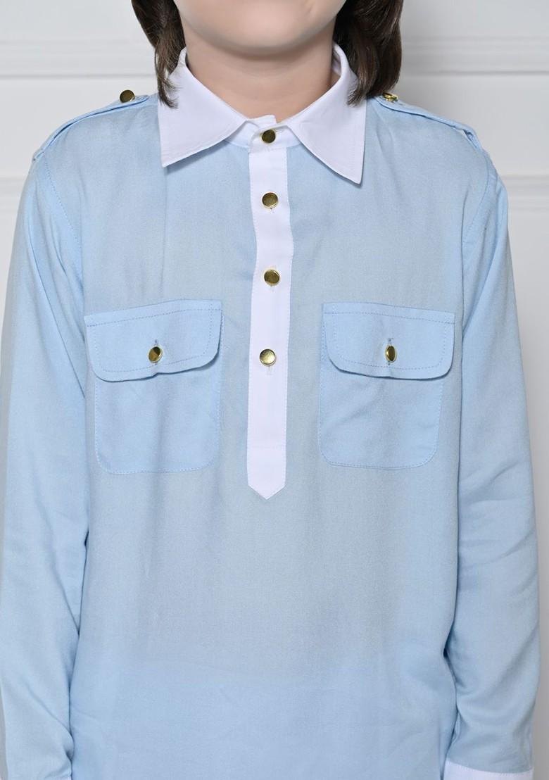 Blue Embroidered Blended Kurta Set For Boys - Indya