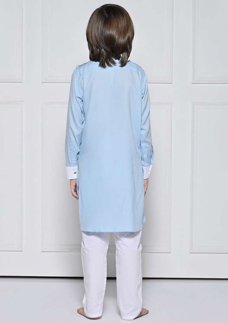 Blue Embroidered Blended Kurta Set For Boys - Indya