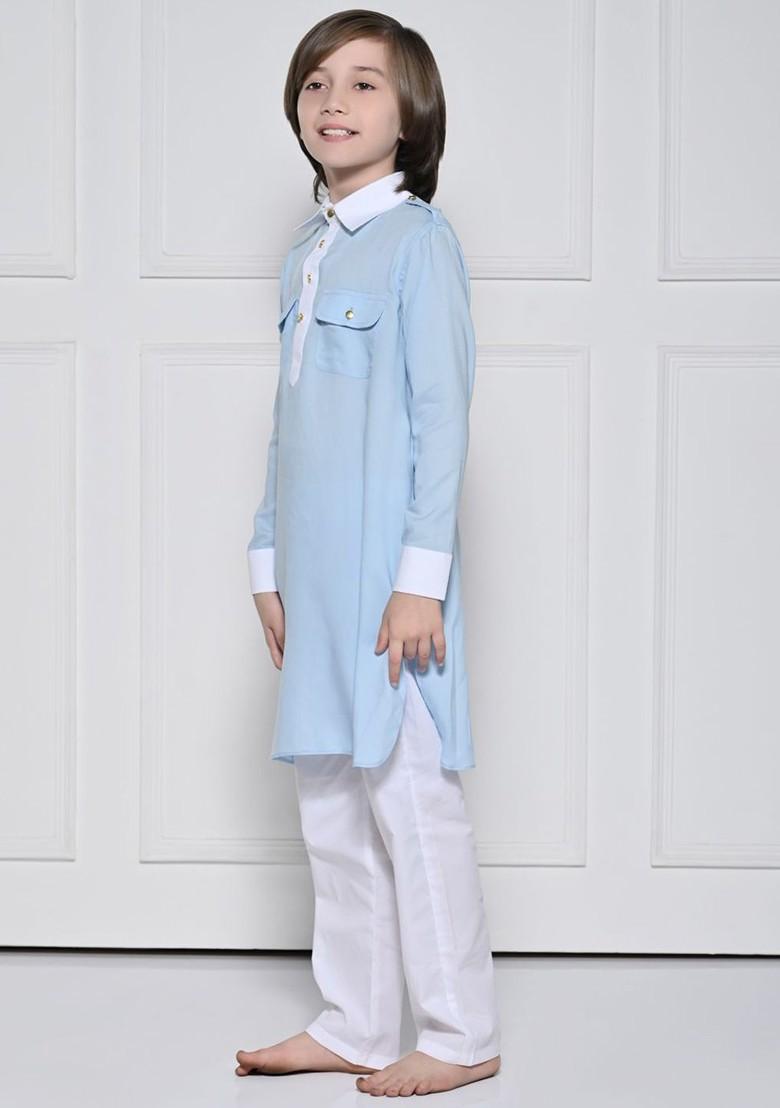 Blue Embroidered Blended Kurta Set For Boys - Indya