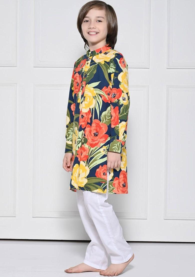 Navy Blue Printed Cotton Kurta Set For Boys - Indya