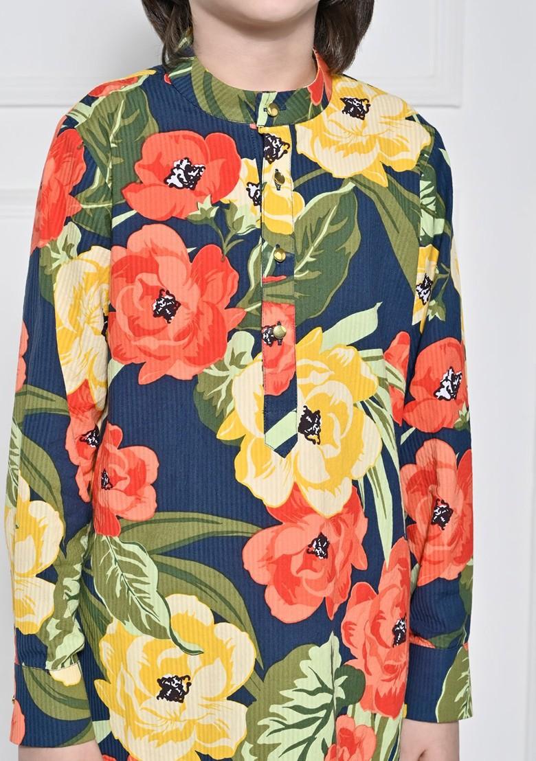 Navy Blue Printed Cotton Kurta Set For Boys - Indya