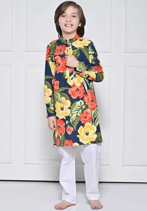 Navy Blue Printed Cotton Kurta Set For Boys