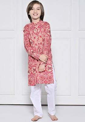Peach Printed Cotton Kurta Set For Boys