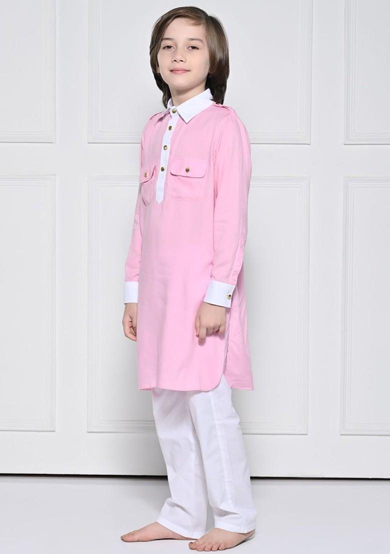 Pink Solid Cotton Kurta Set For Boys - Indya