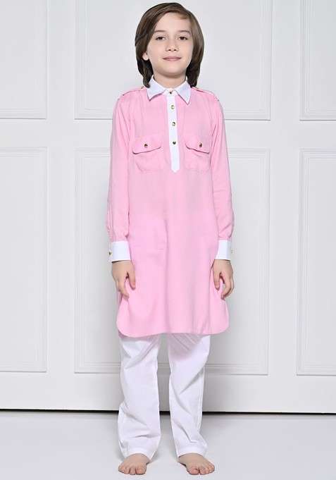 Pink Solid Cotton Kurta Set For Boys