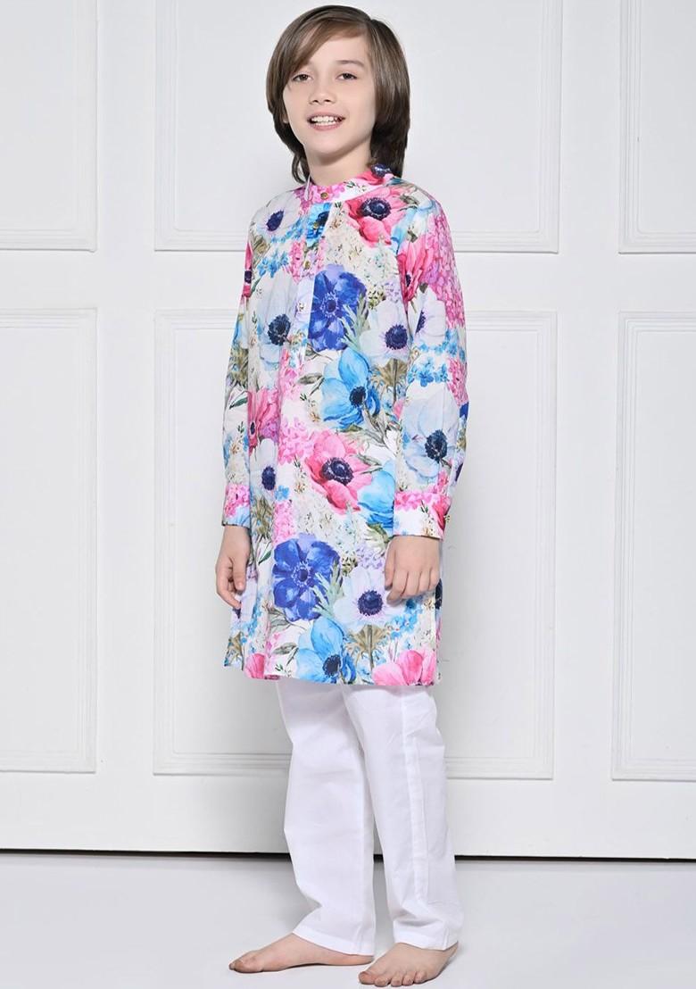 Pink Printed Blended Kurta Set For Boys - Indya