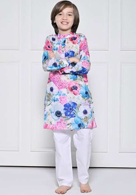 Pink Printed Blended Kurta Set For Boys