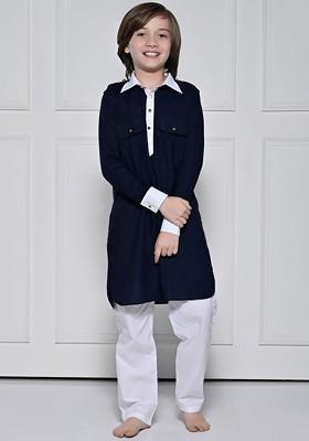 Blue Embroidered Cotton Kurta Set For Boys