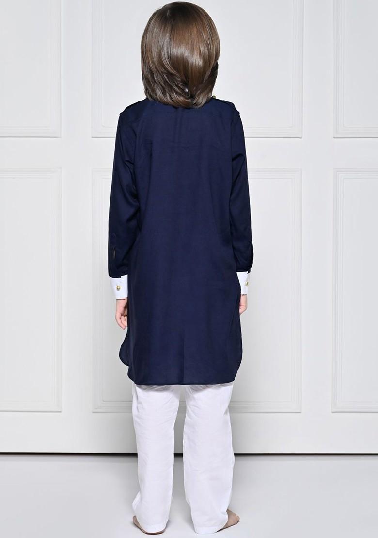 Blue Embroidered Cotton Kurta Set For Boys - Indya